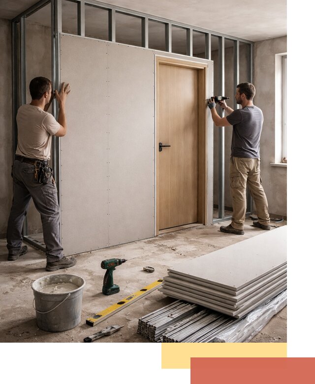 Перегородка из гипсокартона с дверью под ключ в Нижнем Тагиле