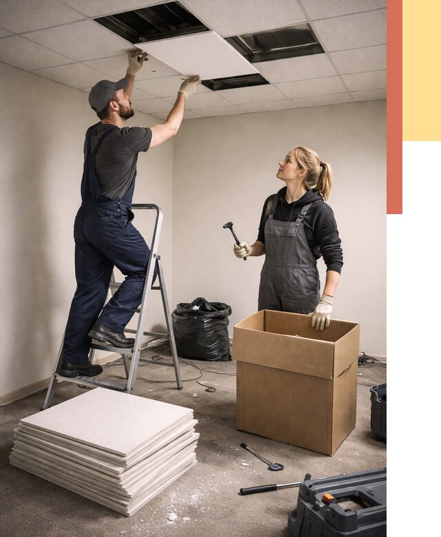 Демонтаж потолочной плитки в Нижнем Тагиле от 4684 руб. быстро и недорого | ОТДЕЛОЧНИК-Нжн