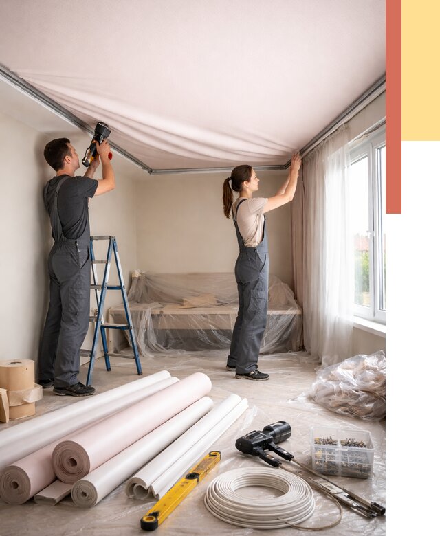 Монтаж цветного натяжного потолка в Нижнем Тагиле от 4372 руб/м² — быстро и недорого | ОТДЕЛОЧНИК-Нжн