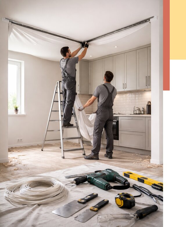 Установка натяжного потолка на кухне в Нижнем Тагиле от 2498 руб. | ОТДЕЛОЧНИК-Нжн